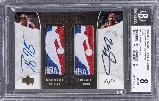 2005-06 UD "Exquisite Collection" Logoman Autographs Dual #HJ Dwight Howard/LeBron James Dual-Signed Game Used Logoman Patch Card (#1/1) – BGS NM-MT 8/BGS 9 